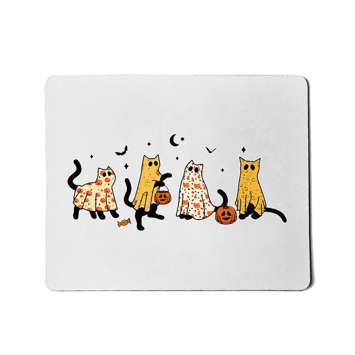 Cute Black Cats In Ghost Costume Women And Halloween Mousepad