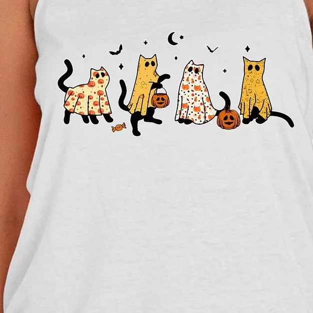 Cute Black Cats In Ghost Costume Women And Halloween Women's Knotted Racerback Tank