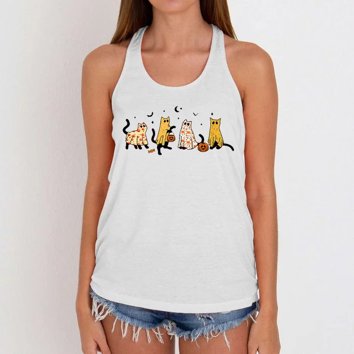 Cute Black Cats In Ghost Costume Women And Halloween Women's Knotted Racerback Tank