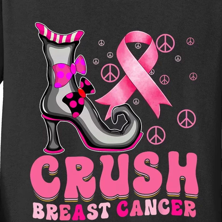 Crush Breast Cancer Warrior Support Witch Halloween Ribbon Kids Long Sleeve Shirt