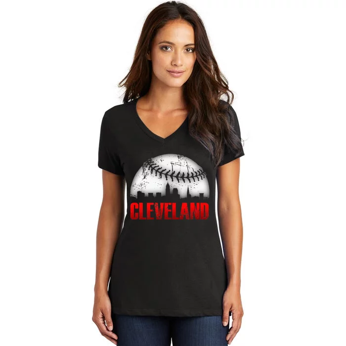 Cleveland Baseball City Skyline Women's V-Neck T-Shirt