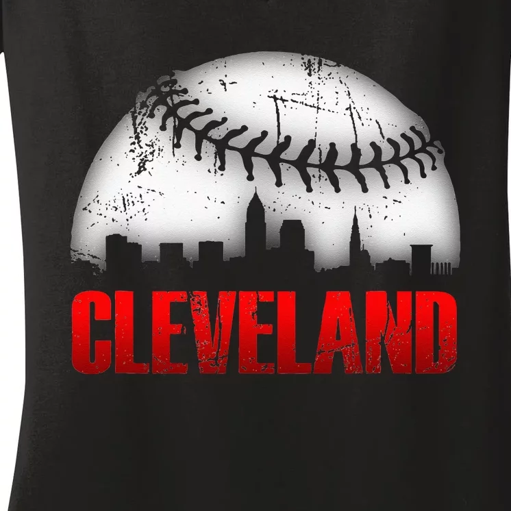 Cleveland Baseball City Skyline Women's V-Neck T-Shirt