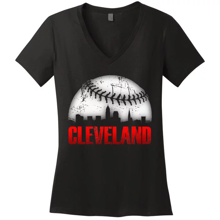 Cleveland Baseball City Skyline Women's V-Neck T-Shirt