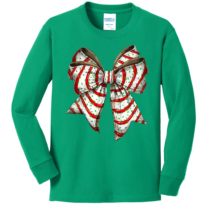 Coquette Bow Christmas Tree Cake Christmas Vibes Kids Long Sleeve Shirt