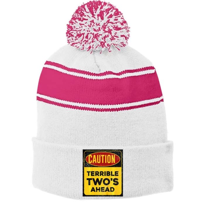 Construction Birthday Caution Terrible Two Ahead Stripe Pom Pom Beanie