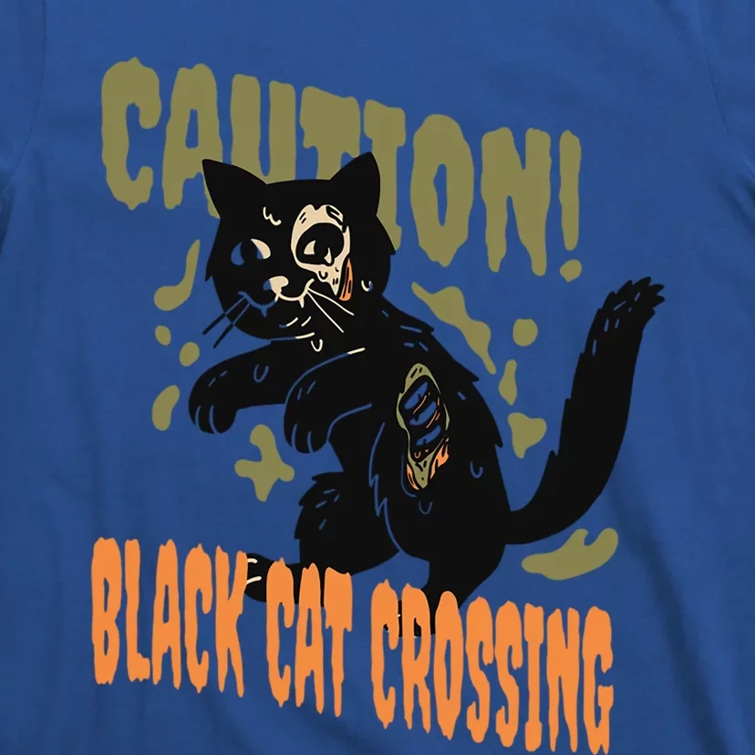 Caution Black Cat Crossing Scary Spooky Halloween Gift T-Shirt