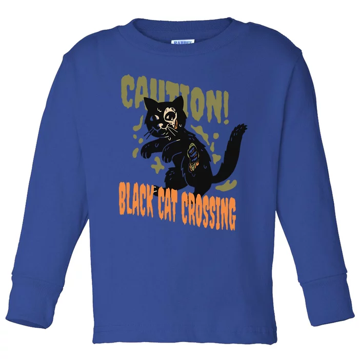 Caution Black Cat Crossing Scary Spooky Halloween Gift Toddler Long Sleeve Shirt