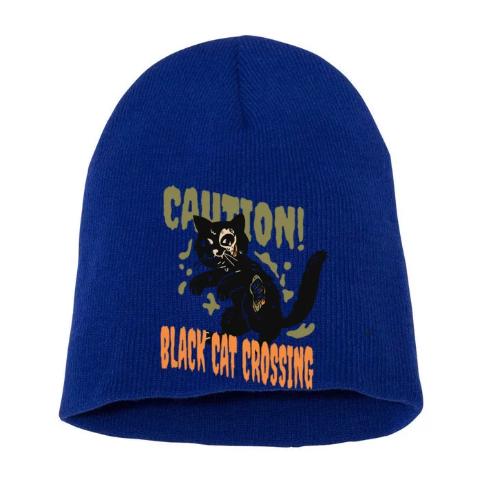 Caution Black Cat Crossing Scary Spooky Halloween Gift Short Acrylic Beanie