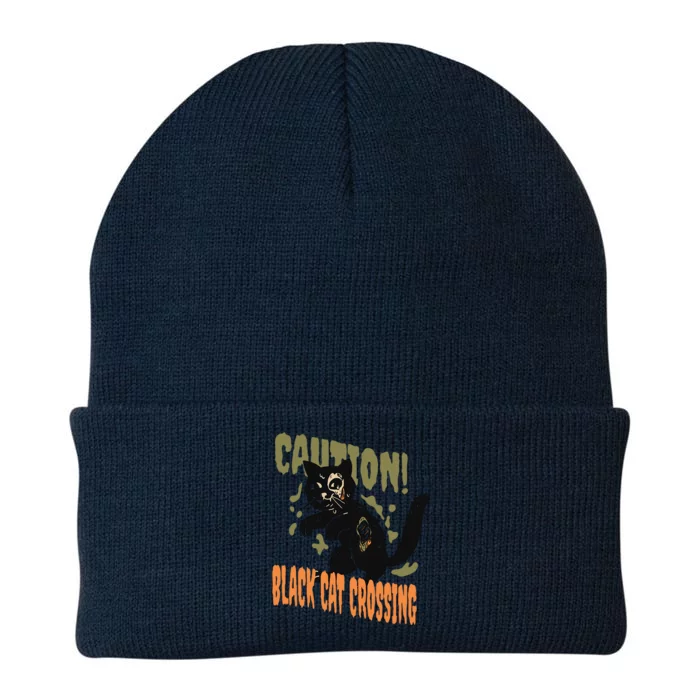 Caution Black Cat Crossing Scary Spooky Halloween Gift Knit Cap Winter Beanie