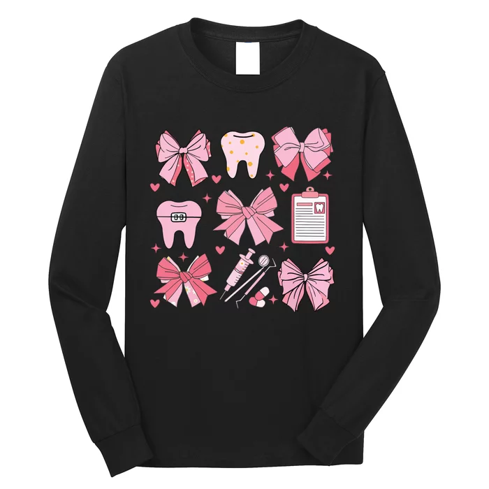 Coquette Bow Cute Teeth Dentist Squad Dental Assistant Long Sleeve Shirt