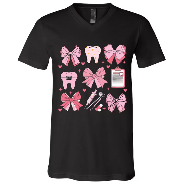 Coquette Bow Cute Teeth Dentist Squad Dental Assistant V-Neck T-Shirt