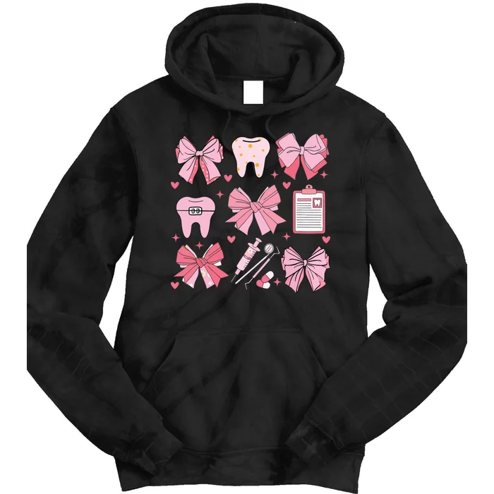 Coquette Bow Cute Teeth Dentist Squad Dental Assistant Tie Dye Hoodie