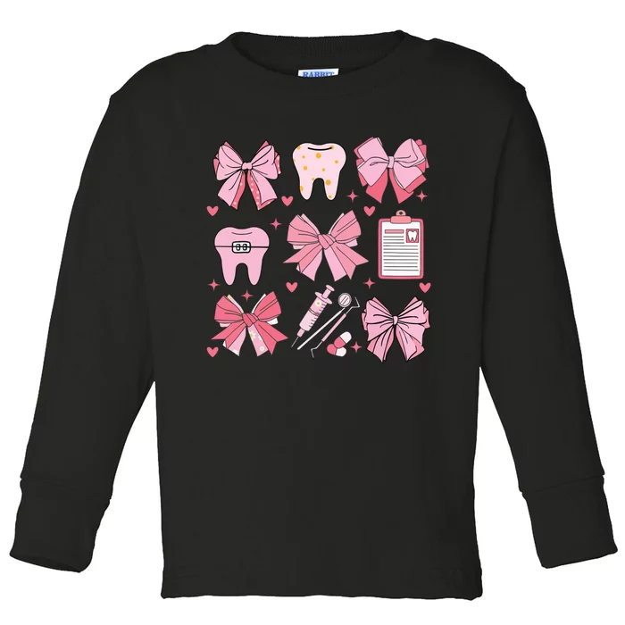 Coquette Bow Cute Teeth Dentist Squad Dental Assistant Toddler Long Sleeve Shirt