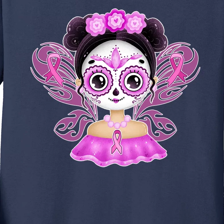 Cute Breast Cancer Awareness Sugar Skull Girl Kids Long Sleeve Shirt