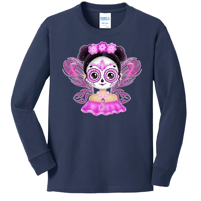 Cute Breast Cancer Awareness Sugar Skull Girl Kids Long Sleeve Shirt