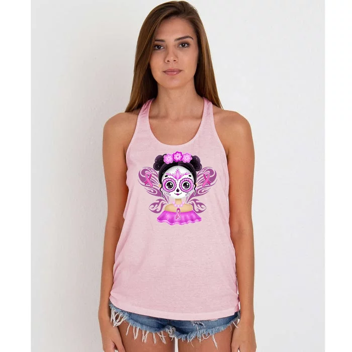 Cute Breast Cancer Awareness Sugar Skull Girl Women's Knotted Racerback Tank