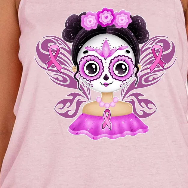 Cute Breast Cancer Awareness Sugar Skull Girl Women's Knotted Racerback Tank