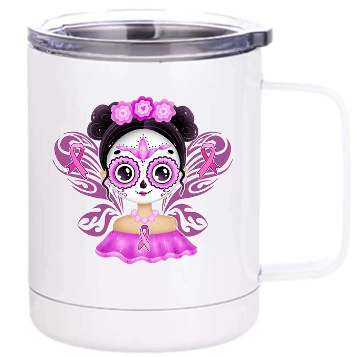 Cute Breast Cancer Awareness Sugar Skull Girl Front & Back 12oz Stainless Steel Tumbler Cup