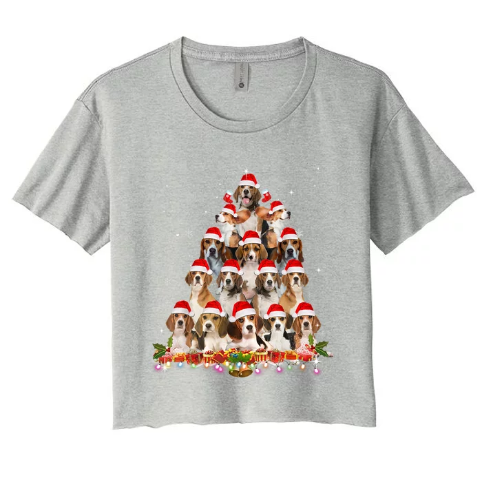 Cute Beagles Christmas Tree Dog Santa Xmas Tee Funny Pajamas Gift Women's Crop Top Tee