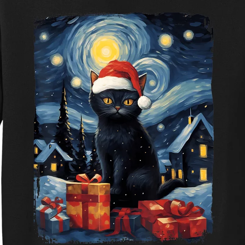 Christmas Black Cat Starry Night Van Gogh Retro Cat Art Sweatshirt