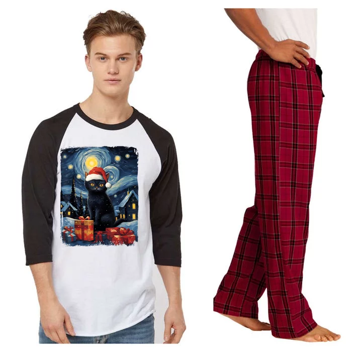 Christmas Black Cat Starry Night Van Gogh Retro Cat Art Raglan Sleeve Pajama Set