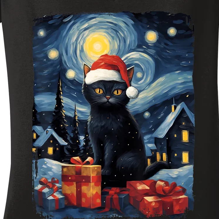 Christmas Black Cat Starry Night Van Gogh Retro Cat Art Women's V-Neck T-Shirt