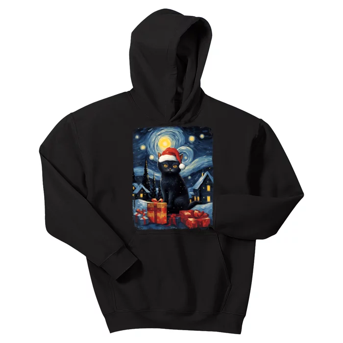 Christmas Black Cat Starry Night Van Gogh Retro Cat Art Kids Hoodie