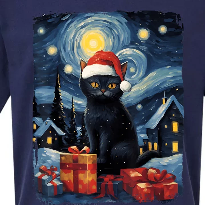 Christmas Black Cat Starry Night Van Gogh Retro Cat Art Sueded Cloud Jersey T-Shirt