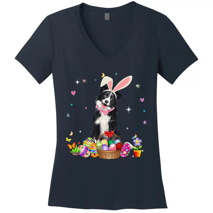 Cute Border Collie Easter Day Bunny Eggs Easter Womens Women's V-Neck T-Shirt