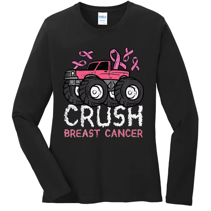 Crush Breast Cancer Awareness Monster Truck Ladies Long Sleeve Shirt