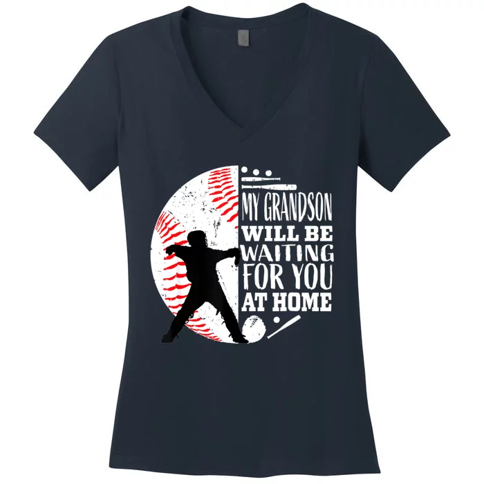 Cute Baseball Catcher Grandma Grandpa Grandson Quote Graphic Women's V-Neck T-Shirt