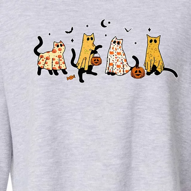 Cute Black Cats In Ghost Costume Cropped Pullover Crew