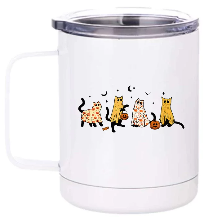 Cute Black Cats In Ghost Costume Front & Back 12oz Stainless Steel Tumbler Cup