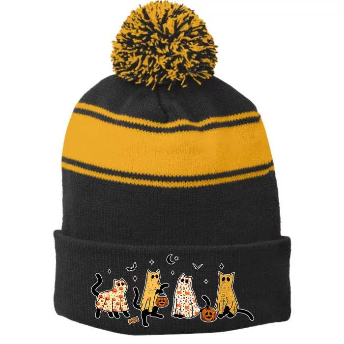 Cute Black Cats In Ghost Costume Stripe Pom Pom Beanie