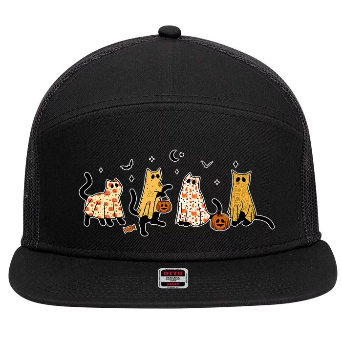 Cute Black Cats In Ghost Costume 7 Panel Mesh Trucker Snapback Hat