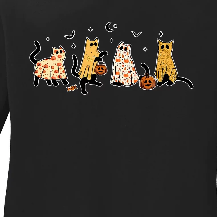 Cute Black Cats In Ghost Costume Ladies Long Sleeve Shirt