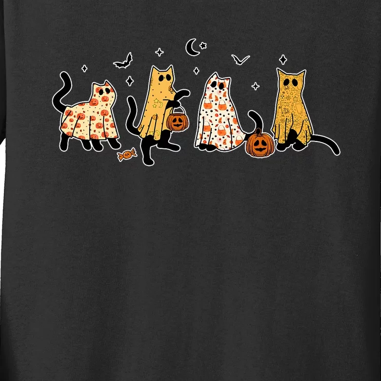 Cute Black Cats In Ghost Costume Kids Long Sleeve Shirt