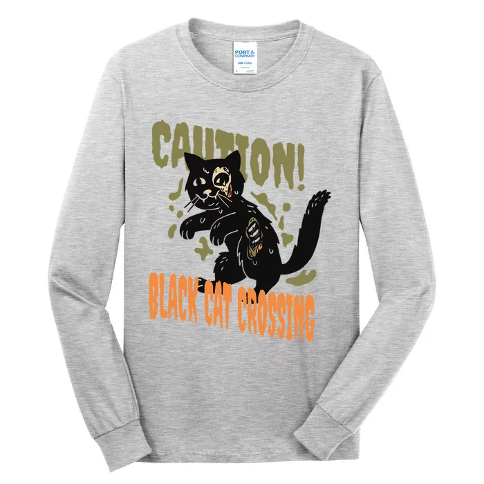 Caution Black Cat Crossing Scary Spooky Halloween Cute Gift Tall Long Sleeve T-Shirt