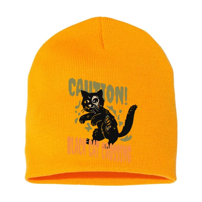 Caution Black Cat Crossing Scary Spooky Halloween Cute Gift Short Acrylic Beanie