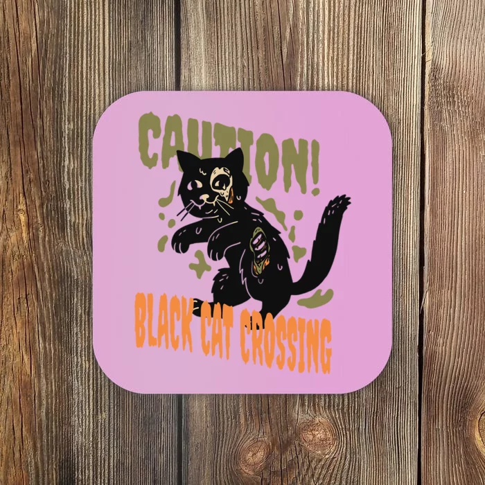 Caution Black Cat Crossing Scary Spooky Halloween Cute Gift Coaster