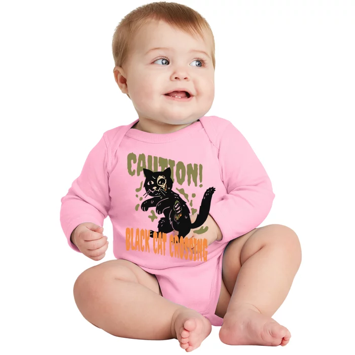 Caution Black Cat Crossing Scary Spooky Halloween Cute Gift Baby Long Sleeve Bodysuit