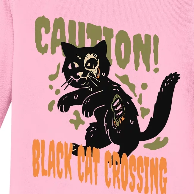 Caution Black Cat Crossing Scary Spooky Halloween Cute Gift Baby Long Sleeve Bodysuit