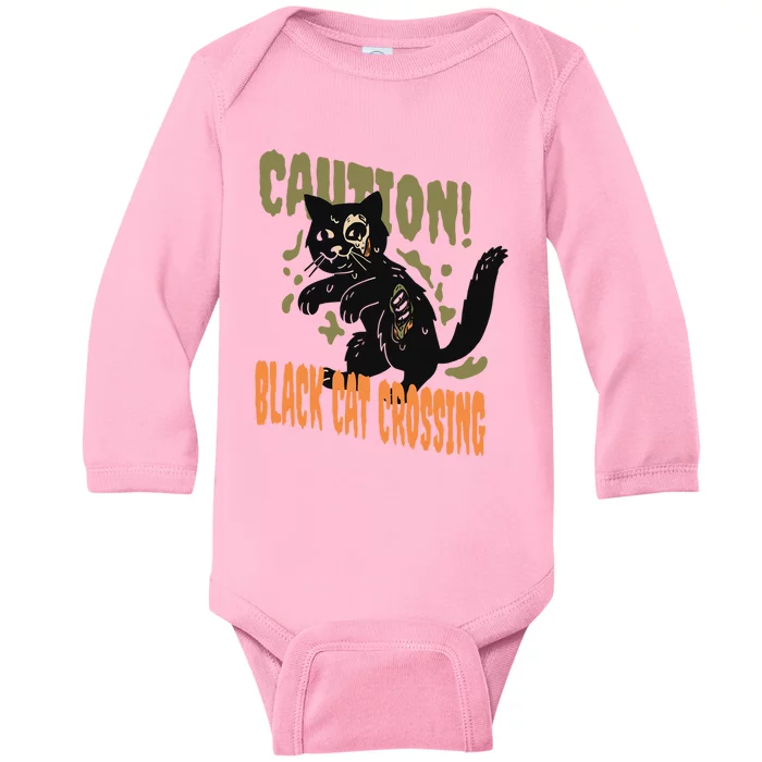 Caution Black Cat Crossing Scary Spooky Halloween Cute Gift Baby Long Sleeve Bodysuit