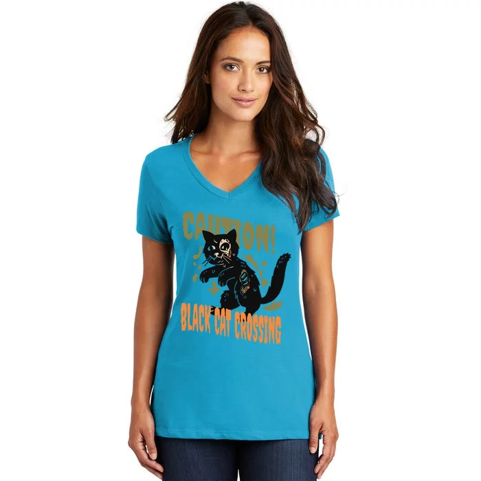 Caution Black Cat Crossing Scary Spooky Halloween Cute Gift Women's V-Neck T-Shirt