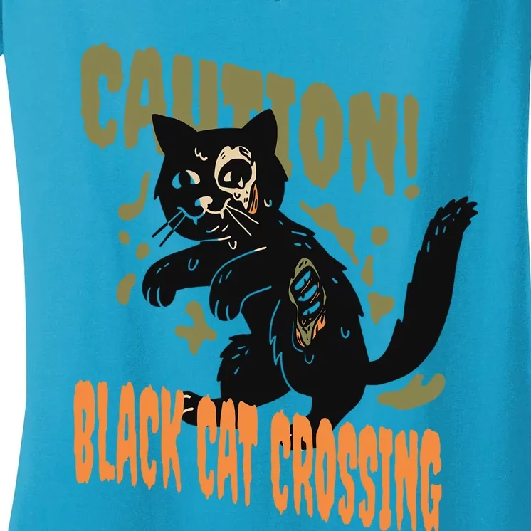 Caution Black Cat Crossing Scary Spooky Halloween Cute Gift Women's V-Neck T-Shirt