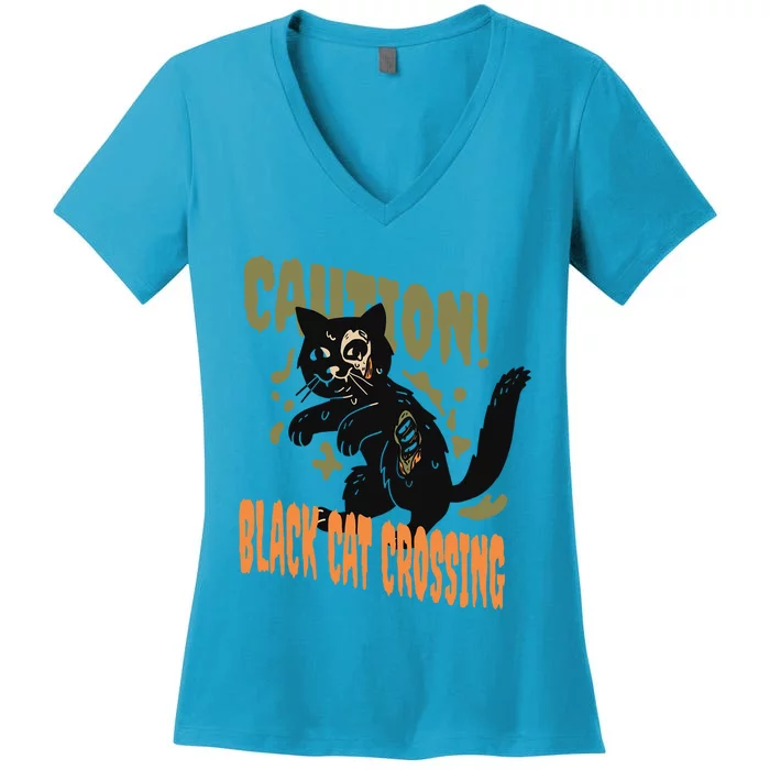 Caution Black Cat Crossing Scary Spooky Halloween Cute Gift Women's V-Neck T-Shirt