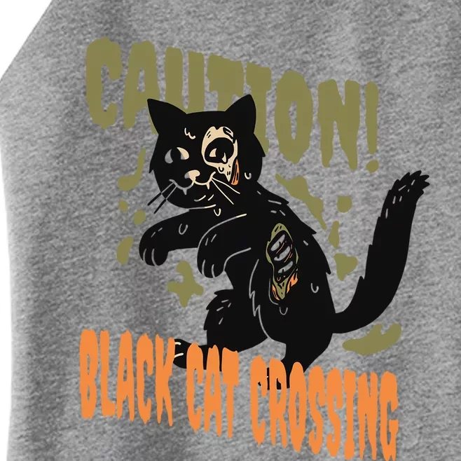 Caution Black Cat Crossing Scary Spooky Halloween Cute Gift Women’s Perfect Tri Rocker Tank