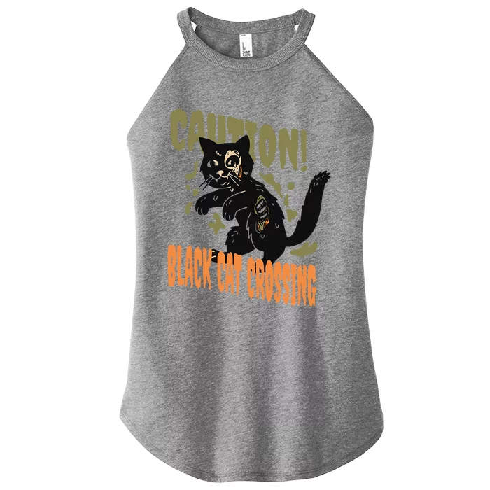 Caution Black Cat Crossing Scary Spooky Halloween Cute Gift Women’s Perfect Tri Rocker Tank