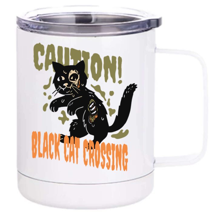 Caution Black Cat Crossing Scary Spooky Halloween Cute Gift Front & Back 12oz Stainless Steel Tumbler Cup