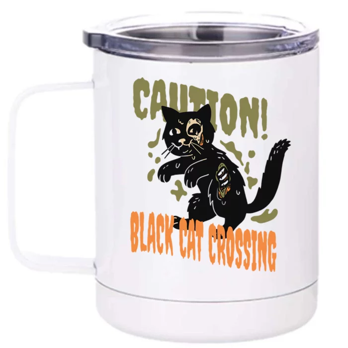 Caution Black Cat Crossing Scary Spooky Halloween Cute Gift Front & Back 12oz Stainless Steel Tumbler Cup